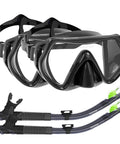 Complete Snorkeling And Diving Gear Package Set For Adults With Anti Fog Mask Purge Valve And Anti Splash Silicone Mouthpiece For Men And Women Black Black, showing black masks and snorkels.