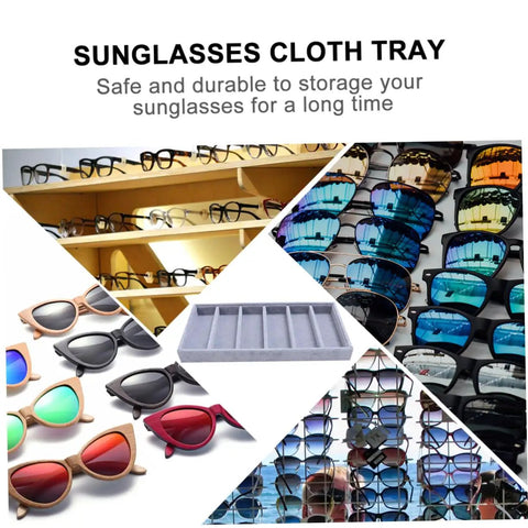 Solid Six Grid Sunglasses Storage Plate And Jewelry Display Box For Women Totally Fresh Fashion Organizer With Scratch Proof Surface Killer Desk Accessory Tray And Heavy Duty Travel Case Absolute Must Have Companion showing sunglasses and organizer tray.