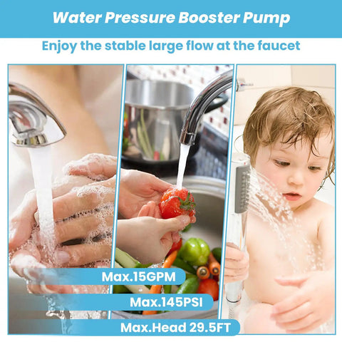 Water Pressure Booster Pump in use, showcasing 15GPM flow, 145PSI pressure, and a child enjoying a bath.