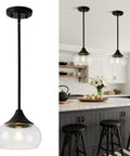 Modern Pendant Light Fixture With Clear Glass Shade And Adjustable Drop Wire For Kitchen Island Dining Room Bedroom Matte Black Industrial Lantern Super Sleek Lighting Lowkey Perfect Decor Upgrade in kitchen with clear glass shades.