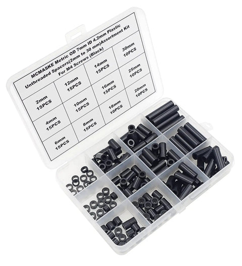 ABS Plastic Unthreaded Spacers Kit For M4 Screws With 7mm Outer Diameter And 4.2mm Inner Diameter Black Round Spacers visible in open box