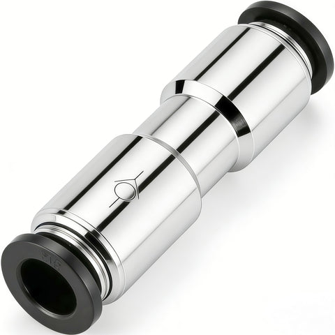 Pneumatic Push To Connect Check Valve One Way Fitting One Half Inch Inlet One Half Inch Outlet Nickel Plated Brass With NBR O Ring Seals