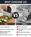 Stainless steel crinkle cutter for vegetables; left shows large sharp blade slicing cucumber, right shows dull blade.