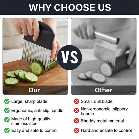 Stainless steel crinkle cutter for vegetables; left shows large sharp blade slicing cucumber, right shows dull blade.