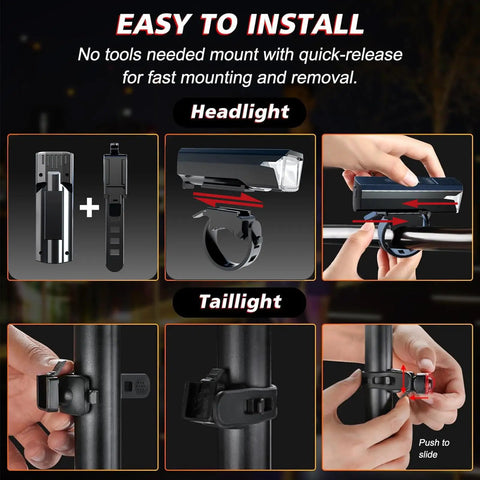 Rechargeable USB Bike Light Set With Front And Rear LEDs, Super Bright 1200 Lumen Headlight And Side Lights, 9 Modes Including 5 Front And 4 Rear, 360 Degree Rotating Head, IP65 Waterproof, Ideal For Road And Mountain Night Riding