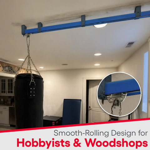 Overhead Conveyor Trolley Kit For Unibilt Systems, Heavy Duty Metal Carrier With Adjustable Track Pins In Home Woodshop