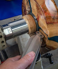 Pro Grade Woodturning Tool Rest Platform With Post And Collar For Scrapers And Turning Tools, Hollowing Ready, Beefy Stainless Steel Platform, 5 7 Or 9 Inch Lengths, 1 Inch Post, 7 Inch Wide Rest, USA Made tool rest in use on a wood lathe