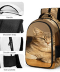 Indoor Striped Cat Printed Backpack For Unisex Use with cat image, durable polyester, smooth zipper, and side pockets.