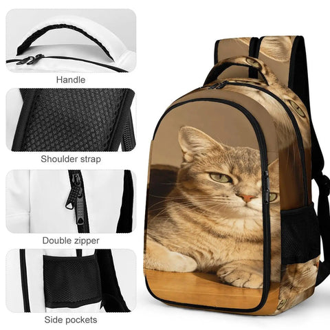 Indoor Striped Cat Printed Backpack For Unisex Use with cat image, durable polyester, smooth zipper, and side pockets.