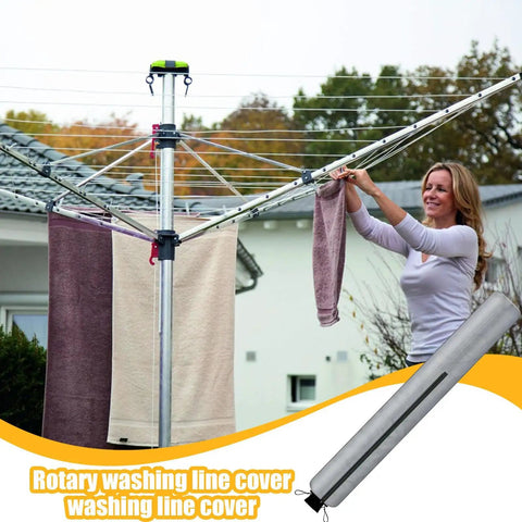 Rotating Washing Line Cover With Waterproof Zip Closure in use on outdoor rotary clothesline with towels drying