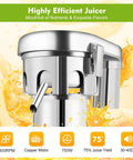 Close-up of Heavy Duty Commercial Juicer Machine 750W Electric Fruit And Vegetable Extractor showcasing stainless steel design.