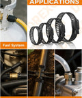Applications of 100 Pc Hose Clamp Kit With 304 Stainless Steel Worm Gear Clamps shown on fuel tanks and various hoses