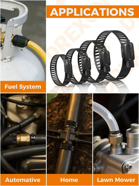 Applications of 100 Pc Hose Clamp Kit With 304 Stainless Steel Worm Gear Clamps shown on fuel tanks and various hoses