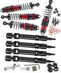 Four Piece Front And Rear Beefed Up Big Bore Shock Absorbers And CVD Drive Shaft Upgrades For 1 By 10 Scale Granite Senton 4x4 3S BLX Mega 550 Vorteks RC Trucks Red, parts displayed.