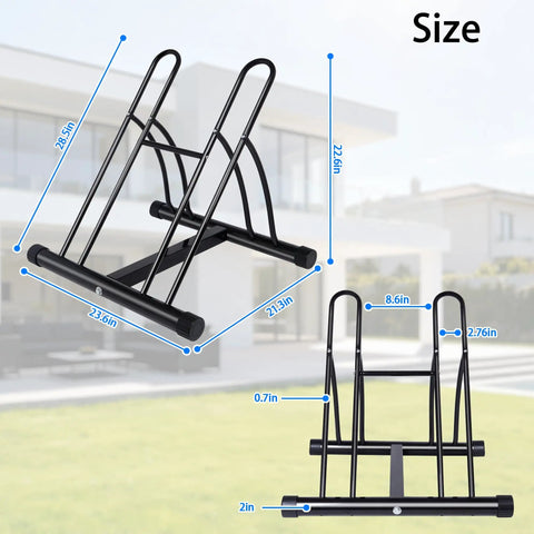 Dual Bike Rack For Indoor Or Outdoor Use Heavy Duty Steel Tire Storage Stand With PVC Feet showing size dimensions
