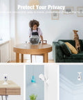 1080P Mini Cam And Baby Monitor With Night Vision Two Way Audio Motion Alarm Live Stream Anywhere Cloud Storage Plug And Play Works With Two Point Four GHz WiFi For Home Security White Four Pack on table and wall
