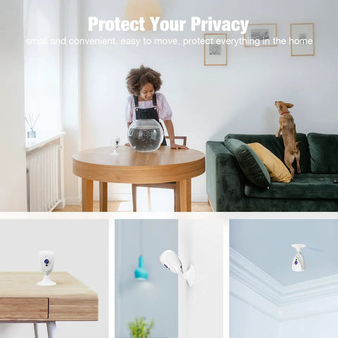 1080P Mini Cam And Baby Monitor With Night Vision Two Way Audio Motion Alarm Live Stream Anywhere Cloud Storage Plug And Play Works With Two Point Four GHz WiFi For Home Security White Four Pack on table and wall