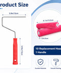 Six Inch Mohair Paint Roller Covers With Sturdy Frame Kit Including Ten Extra Covers For Wall Painting Projects featuring size details and replacement heads.