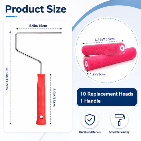 Six Inch Mohair Paint Roller Covers With Sturdy Frame Kit Including Ten Extra Covers For Wall Painting Projects featuring size details and replacement heads.