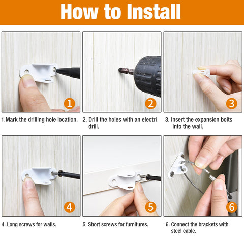 Step-by-step installation of Anti Tip Furniture Anchors 10 Pack for baby proofing and home safety wall straps, white color.