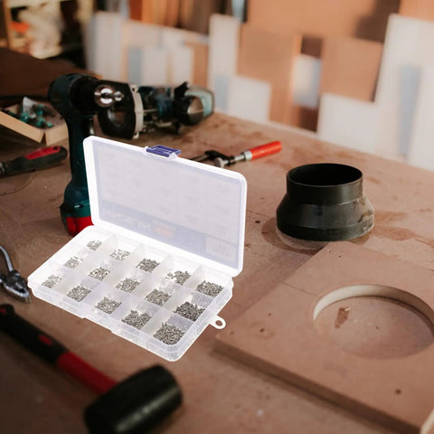 Heavy Duty Self Tapping Screws Kit For Metal And Wood Carbon Steel Construction Built To Last For Home And Office Projects Includes Silver Sheet Metal Screws And Durable Fasteners For Quick Easy Install in organizer case on workbench