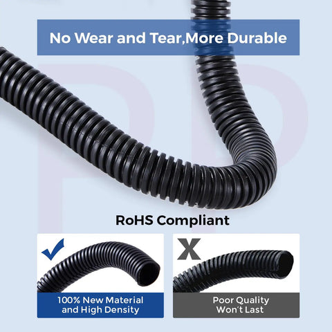 Split Loom Wire Cover One Half Inch By Ten Feet, durable black PP conduit for wire protection, showcasing flexibility and material quality.
