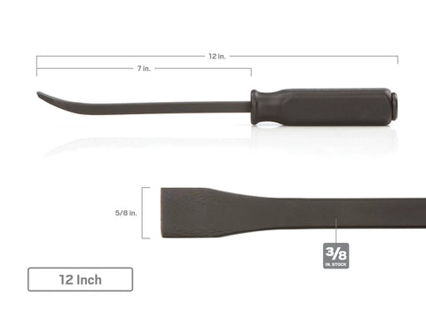 Beefy Angled End Handled Pry Bar Set, 12-inch steel pry bar with heat-treated bar stock, close-up of handle and angled end.