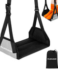 Airplane Foot Hammock Travel Sling With Thickened Bamboo Rest Extendable Adjustment Straps showing product and storage bag