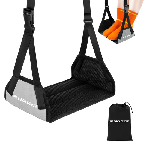Airplane Foot Hammock Travel Sling With Thickened Bamboo Rest Extendable Adjustment Straps showing product and storage bag