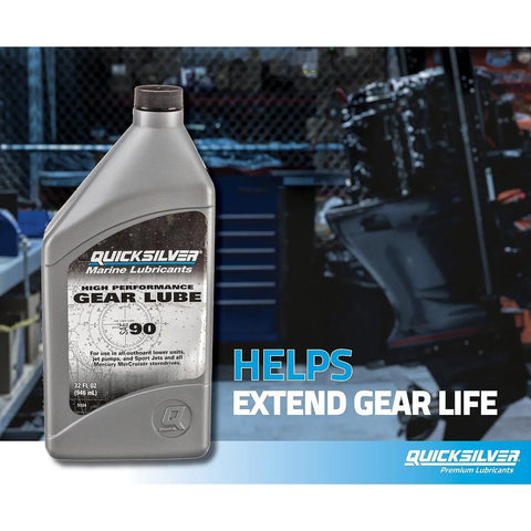 SAE 90 High Performance Gear Lube For Outboard Lower Units And Sterndrives Above 75HP bottle in workbench setting