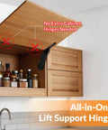 Overhead Cabinet Lid Support Hinges With Soft Close Adjustable Seven Level Strength 110 Degree Opening 20 Lbs Lift Support Zinc Alloy With Reinforced ABS Smooth Upward Motion For Kitchen Cabinets installed on wooden cabinet