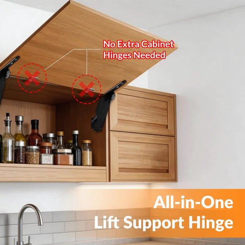Overhead Cabinet Lid Support Hinges With Soft Close Adjustable Seven Level Strength 110 Degree Opening 20 Lbs Lift Support Zinc Alloy With Reinforced ABS Smooth Upward Motion For Kitchen Cabinets installed on wooden cabinet