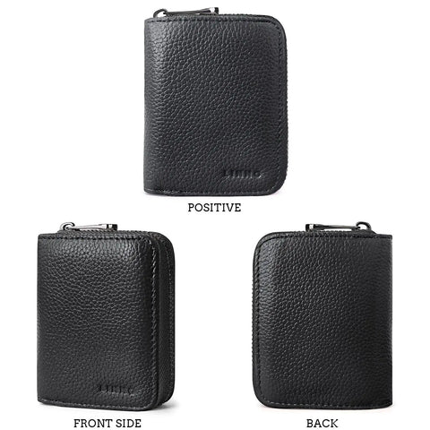 RFID Blocking Card Holder With Zipper Genuine Leather Small Wallet For Women And Men 20 Card Slots Slim Yet Durable Everyday Carry Secure Black Leather Wallet with front and back views
