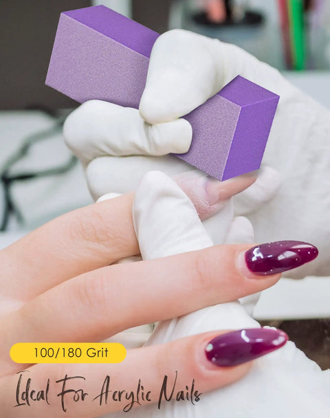 Nail Buffer Block Set For Manicures And Pedicures, 100/180 grit purple block used on acrylic nails in salon.
