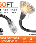 Outdoor 50 Ft Extension Cord With 3 Outlets And Indicator Light, Weatherproof SJTW 16/3 Gauge, 13A 125V 1625W, ETL Listed