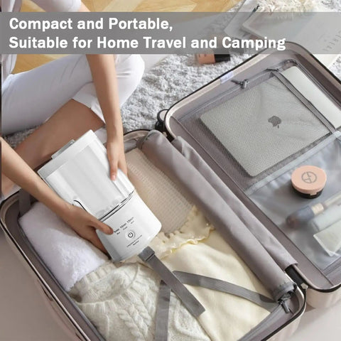 No Sweat Rechargeable Mini Washing Machine For Underwear And Makeup Brushes Super Portable in a suitcase with clothing.