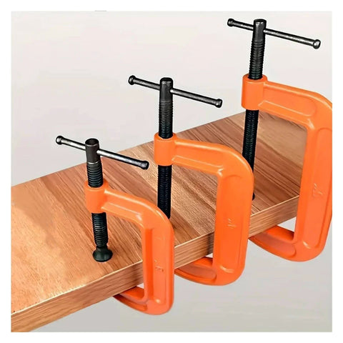 Heavy Duty Woodworking Clamp With C Clip Design For Quick Tool Chuck Panel Fastening And Stable Workholding In All Woodworking Projects 8 Inch Clamp Fixture For Pros And DIY Enthusiasts, shown securing wood panel.