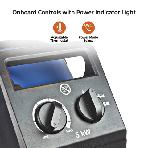 Close-up of Heavy Duty 5000W 240V Industrial Space Heater controls, showing adjustable thermostat and power mode selector.