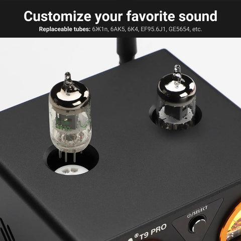 T9PRO 200W 2 1 Channel Tube Bluetooth DAC Stereo Amplifier With TPA3250, top view with two vacuum tubes