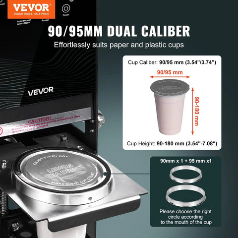 No Fuss Fully Automatic Cup Sealer Pumping Six Hundred Cups Hour With Digital Control Panel showing 90/95mm dual caliber for cups.