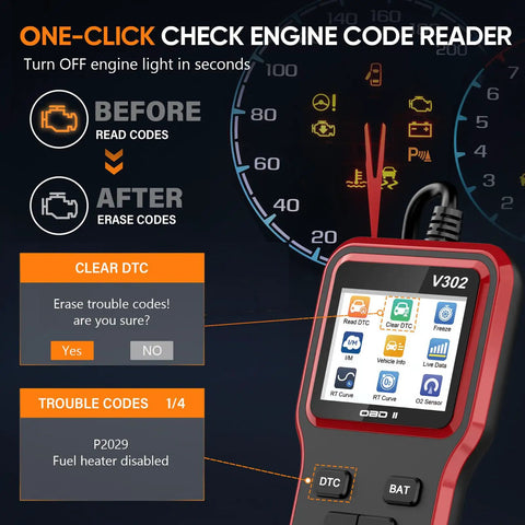 Close-up of All In One OBD II Diagnostic Tool With Battery Tester scanning codes on car dashboard screen.
