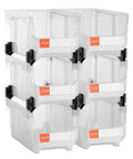Clear Stackable Storage Bins 6 Pack, 14.8 By 8.5 By 7.1 Inches, Durable Plastic Containers for various organizational needs.
