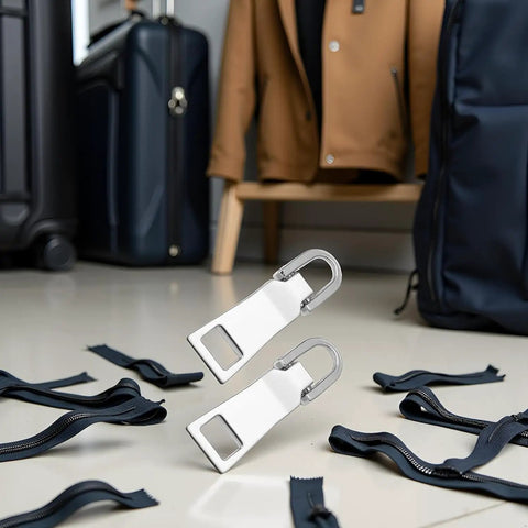 Two Pack Zipper Pull Replacement Kit Universal Zipper Slider Tabs For Luggage Backpacks Jackets Suitcases Coats And Sewing Notions Easy Repair Durable Silver with luggage and coats in background