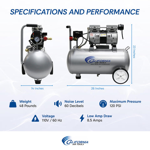 Ultra Quiet 1.0 HP Oil Free Air Compressor With 8 Gallon Steel Tank Lightweight With Wheels 60 dBA Noise Level Ideal For Indoor Use Home Workshop And Small Garage Projects DIY Friendly, specifications and performance