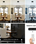Black Two Ring LED Chandelier For Dining Room With Dimmable Remote Dope Circular Flush Mount Ceiling Light For High Ceilings Fits Bedroom Living Room Foyer 3000K To 6500K Adjustable Brightness 60W Aluminum And Acrylic showcasing light settings and remote control feature.