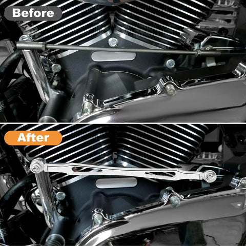Chrome Shift Linkage For Harley Touring Rigs 1986 And Later Road King Road Glide Electra Glide Tri Glide Softail Aftermarket Replacement Gear Shift Lever, before and after view