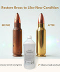 Pro Grade Ultrasonic Brass Cleaning Solution Super Concentrate For Jewelry And Metal Parts 1 Qt Bottle Biodegradable Formula Safe For Ultrasonic Cleaners Ideal For Brass Jewelry And Antiques Coins And Craft Projects bottle displayed with before and after brass bullet