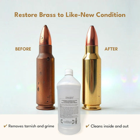 Pro Grade Ultrasonic Brass Cleaning Solution Super Concentrate For Jewelry And Metal Parts 1 Qt Bottle Biodegradable Formula Safe For Ultrasonic Cleaners Ideal For Brass Jewelry And Antiques Coins And Craft Projects bottle displayed with before and after brass bullet