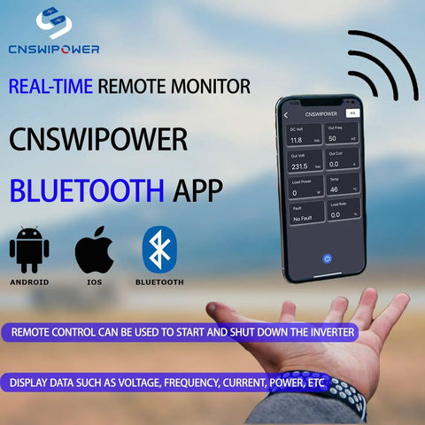 Smartphone displaying CNSWIPower Bluetooth app interface for 2000W Pure Sine Wave Inverter 12V to 120V AC Converter remote control.