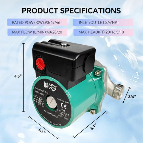 Hot Water Recirculating Pump Three Quarters Inch NPT 110V Auto Circulator with product specifications background